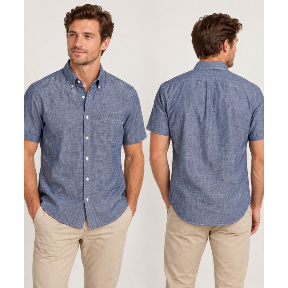 NWT J.Crew Men’s L Chambray Short Sleeve Button Down Shirt Blue Organic Cotton